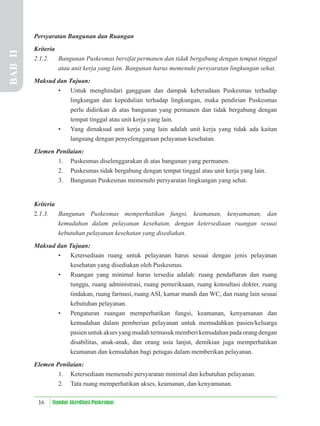 16 Standar Akreditasi Puskesmas
Persyaratan Bangunan dan Ruangan
Kriteria
2.1.2. Bangunan Puskesmas bersifat permanen dan tidak bergabung dengan tempat tinggal
atau unit kerja yang lain. Bangunan harus memenuhi persyaratan lingkungan sehat.
Maksud dan Tujuan:
• Untuk menghindari gangguan dan dampak keberadaan Puskesmas terhadap
lingkungan dan kepedulian terhadap lingkungan, maka pendirian Puskesmas
perlu didirikan di atas bangunan yang permanen dan tidak bergabung dengan
tempat tinggal atau unit kerja yang lain.
• Yang dimaksud unit kerja yang lain adalah unit kerja yang tidak ada kaitan
langsung dengan penyelenggaraan pelayanan kesehatan.
Elemen Penilaian:
1. Puskesmas diselenggarakan di atas bangunan yang permanen.
2. Puskesmas tidak bergabung dengan tempat tinggal atau unit kerja yang lain.
3. Bangunan Puskesmas memenuhi persyaratan lingkungan yang sehat.
Kriteria
2.1.3. Bangunan Puskesmas memperhatikan fungsi, keamanan, kenyamanan, dan
kemudahan dalam pelayanan kesehatan, dengan ketersediaan ruangan sesuai
kebutuhan pelayanan kesehatan yang disediakan.
Maksud dan Tujuan:
• Ketersediaan ruang untuk pelayanan harus sesuai dengan jenis pelayanan
kesehatan yang disediakan oleh Puskesmas.
• Ruangan yang minimal harus tersedia adalah: ruang pendaftaran dan ruang
tunggu, ruang administrasi, ruang pemeriksaan, ruang konsultasi dokter, ruang
tindakan, ruang farmasi, ruang ASI, kamar mandi dan WC, dan ruang lain sesuai
kebutuhan pelayanan.
• Pengaturan ruangan memperhatikan fungsi, keamanan, kenyamanan dan
kemudahan dalam pemberian pelayanan untuk memudahkan pasien/keluarga
pasien untuk akses yang mudah termasuk memberi kemudahan pada orang dengan
disabilitas, anak-anak, dan orang usia lanjut, demikian juga memperhatikan
keamanan dan kemudahan bagi petugas dalam memberikan pelayanan.
Elemen Penilaian:
1. Ketersediaan memenuhi persyaratan minimal dan kebutuhan pelayanan.
2. Tata ruang memperhatikan akses, keamanan, dan kenyamanan.
BAB
II
 