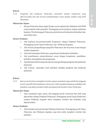 21
Standar Akreditasi Puskesmas
Kriteria
2.3.4. Pengelola dan pelaksana Puskesmas memenuhi standar kompetensi yang
dipersyaratkan dan ada rencana pengembangan sesuai dengan standar yang telah
ditentukan.
Maksud dan Tujuan
• Kinerja Puskesmas hanya dapat dicapai secara optimal jika dilakukan oleh SDM
yang kompeten baik pengelola, Penanggung jawab program maupun pelaksana
kegiatan. Pola Ketenagaan Puskesmas perlu disusun berdasarkan kebutuhan dan/
atau beban kerja.
Elemen Penilaian:
1. Ada kejelasan persyaratan/standar kompetensi sebagai Pimpinan Puskesmas,
Penanggung jawab Upaya Puskesmas, dan Pelaksana Kegiatan.
2. Ada rencana pengembangan pengelola Puskesmas dan karyawan sesuai dengan
standar kompetensi.
3. Ada pola ketenagaan Puskesmas yang disusun berdasarkan kebutuhan.
4. Ada pemeliharaan catatan/dokumen sesuai dengan kompetensi, pendidikan,
pelatihan, keterampilan dan pengalaman.
5. Ada dokumen bukti kompetensi dan hasil pengembangan pengelola dan pelaksana
pelayanan.
6. Ada evaluasi penerapan hasil pelatihan terhadap pengelola dan pelaksana
pelayanan.
Kriteria
2.3.5. Karyawan baru harus mengikuti orientasi supaya memahami tugas pokok dan tanggung
jawab yang diberikan kepadanya. Karyawan wajib mengikuti kegiatan pendidikan dan
pelatihan yang dipersyaratkan untuk menunjang keberhasilan Upaya Puskesmas.
Maksud dan Tujuan
• Agar memahami tugas, peran, dan tanggung jawab, karyawan baru baik yang
diposisikan sebagai Pimpinan Puskesmas, Penanggung jawab Upaya Puskesmas
maupun Pelaksana kegiatan harus mengikuti orientasi dan pelatihan yang
dipersyaratkan.
Elemen Penilaian:
1. Ada ketetapan persyaratan bagi Pimpinan Puskesmas, Penanggung jawab Upaya
Puskesmas dan Pelaksana kegiatan yang baru untuk mengikuti orientasi dan
pelatihan.
BAB
II
 