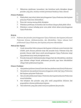 25
Standar Akreditasi Puskesmas
• Mekanisme pembinaan, komunikasi, dan koordinasi perlu ditetapkan dengan
prosedur yang jelas, misalnya melalui pertemuan/lokakarya lintas sektoral.
Elemen Penilaian:
1. Pihak-pihak yang terkait dalam penyelenggaraan Upaya Puskesmas dan kegiatan
pelayanan Puskesmas diidentiﬁkasi.
2. Peran dari masing-masing pihak ditetapkan.
3. Dilakukan pembinaan, komunikasi dan koordinasi dengan pihak-pihak terkait.
4. Dilakukan evaluasi terhadap peran serta pihak terkait dalam penyelenggaraan
Upaya Puskesmas.
Kriteria
2.3.11. Pedoman dan prosedur penyelenggaraan Upaya Puskesmas dan kegiatan pelayanan
Puskesmas disusun, didokumentasikan, dan dikendalikan. Semua rekaman hasil
pelaksanaan Upaya Puskesmas dan kegiatan pelayanan dikendalikan.
Maksud dan Tujuan:
• Untuk memastikan bahwa program dan kegiatan terlaksana secara konsisten dan
reliabel, perlu disusun pedoman kerja dan prosedur kerja. Pedoman kerja dan
prosedur disusun tidak hanya untuk penyelenggaraan Upaya Puskesmas tetapi
juga pedoman kerja untuk peningkatan mutu.
• Prosedur kerja perlu didokumentasikan dengan baik dan dikendalikan, demikian
juga rekaman sebagai bentuk pelaksanaan prosedur juga harus dikendalikan
sebagai bukti pelaksanaan kegiatan.
Elemen Penilaian:
1. Ada panduan pedoman (manual) mutu dan/atau panduan mutu/kinerja Puskesmas.
2. Ada pedoman atau panduan kerja penyelenggaraan untuk tiap Upaya Puskesmas
dan kegiatan pelayanan Puskesmas.
3. Ada prosedur pelaksanaan Upaya Puskesmas dan kegiatan pelayanan Puskesmas
sesuai kebutuhan.
4. Ada kebijakan dan prosedur yang jelas untuk pengendalian dokumen dan
pengendalian rekaman pelaksanaan kegiatan.
5. Ada mekanisme yang jelas untuk menyusun pedoman dan prosedur.
BAB
II
 
