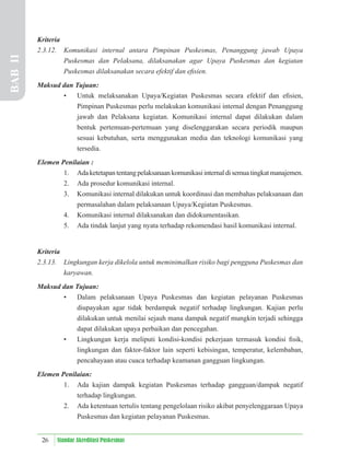 26 Standar Akreditasi Puskesmas
Kriteria
2.3.12. Komunikasi internal antara Pimpinan Puskesmas, Penanggung jawab Upaya
Puskesmas dan Pelaksana, dilaksanakan agar Upaya Puskesmas dan kegiatan
Puskesmas dilaksanakan secara efektif dan eﬁsien.
Maksud dan Tujuan:
• Untuk melaksanakan Upaya/Kegiatan Puskesmas secara efektif dan eﬁsien,
Pimpinan Puskesmas perlu melakukan komunikasi internal dengan Penanggung
jawab dan Pelaksana kegiatan. Komunikasi internal dapat dilakukan dalam
bentuk pertemuan-pertemuan yang diselenggarakan secara periodik maupun
sesuai kebutuhan, serta menggunakan media dan teknologi komunikasi yang
tersedia.
Elemen Penilaian :
1. Adaketetapantentangpelaksanaankomunikasiinternaldisemua tingkatmanajemen.
2. Ada prosedur komunikasi internal.
3. Komunikasi internal dilakukan untuk koordinasi dan membahas pelaksanaan dan
permasalahan dalam pelaksanaan Upaya/Kegiatan Puskesmas.
4. Komunikasi internal dilaksanakan dan didokumentasikan.
5. Ada tindak lanjut yang nyata terhadap rekomendasi hasil komunikasi internal.
Kriteria
2.3.13. Lingkungan kerja dikelola untuk meminimalkan risiko bagi pengguna Puskesmas dan
karyawan.
Maksud dan Tujuan:
• Dalam pelaksanaan Upaya Puskesmas dan kegiatan pelayanan Puskesmas
diupayakan agar tidak berdampak negatif terhadap lingkungan. Kajian perlu
dilakukan untuk menilai sejauh mana dampak negatif mungkin terjadi sehingga
dapat dilakukan upaya perbaikan dan pencegahan.
• Lingkungan kerja meliputi kondisi-kondisi pekerjaan termasuk kondisi ﬁsik,
lingkungan dan faktor-faktor lain seperti kebisingan, temperatur, kelembaban,
pencahayaan atau cuaca terhadap keamanan gangguan lingkungan.
Elemen Penilaian:
1. Ada kajian dampak kegiatan Puskesmas terhadap gangguan/dampak negatif
terhadap lingkungan.
2. Ada ketentuan tertulis tentang pengelolaan risiko akibat penyelenggaraan Upaya
Puskesmas dan kegiatan pelayanan Puskesmas.
BAB
II
 