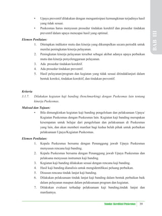 39
Standar Akreditasi Puskesmas
• Upaya preventif dilakukan dengan mengantisipasi kemungkinan terjadinya hasil
yang tidak sesuai.
• Puskesmas harus menyusun prosedur tindakan korektif dan prosedur tindakan
preventif dalam upaya mencapai hasil yang optimal.
Elemen Penilaian:
1. Ditetapkan indikator mutu dan kinerja yang dikumpulkan secara periodik untuk
menilai peningkatan kinerja pelayanan.
2. Peningkatan kinerja pelayanan tersebut sebagai akibat adanya upaya perbaikan
mutu dan kinerja penyelenggaraan pelayanan.
3. Ada prosedur tindakan korektif.
4. Ada prosedur tindakan preventif.
5. Hasil pelayanan/program dan kegiatan yang tidak sesuai ditindaklanjuti dalam
bentuk koreksi, tindakan korektif, dan tindakan preventif.
Kriteria
3.1.7. Dilakukan kegiatan kaji banding (benchmarking) dengan Puskesmas lain tentang
kinerja Puskesmas.
Maksud dan Tujuan:
• Bila dimungkinkan kegiatan kaji banding pengelolaan dan pelaksanaan Upaya/
Kegiatan Puskesmas dengan Puskesmas lain. Kegiatan kaji banding merupakan
kesempatan untuk belajar dari pengelolaan dan pelaksanaan di Puskesmas
yang lain, dan akan memberi manfaat bagi kedua belah pihak untuk perbaikan
pelaksanaan Upaya/Kegiatan Puskesmas.
Elemen Penilaian:
1. Kepala Puskesmas bersama dengan Penanggung jawab Upaya Puskesmas
menyusun rencana kaji banding.
2. Kepala Puskesmas bersama dengan Penanggung jawab Upaya Puskesmas dan
pelaksana menyusun instrumen kaji banding.
3. Kegiatan kaji banding dilakukan sesuai dengan rencana kaji banding.
4. Hasil kaji banding dianalisis untuk mengidentiﬁkasi peluang perbaikan.
5. Disusun rencana tindak lanjut kaji banding.
6. Dilakukan pelaksanaan tindak lanjut kaji banding dalam bentuk perbaikan baik
dalam pelayanan maupun dalam pelaksanaan program dan kegiatan.
7. Dilakukan evaluasi terhadap pelaksanaan kaji banding,tindak lanjut dan
manfaatnya.
BAB
III
 