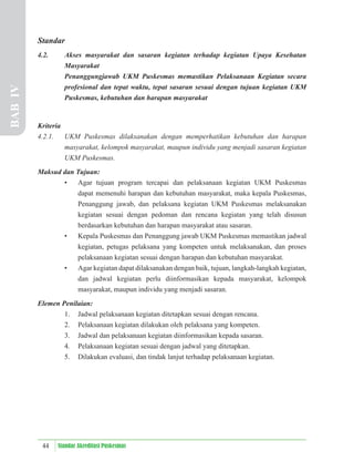 44 Standar Akreditasi Puskesmas
Standar
4.2. Akses masyarakat dan sasaran kegiatan terhadap kegiatan Upaya Kesehatan
Masyarakat
Penanggungjawab UKM Puskesmas memastikan Pelaksanaan Kegiatan secara
profesional dan tepat waktu, tepat sasaran sesuai dengan tujuan kegiatan UKM
Puskesmas, kebutuhan dan harapan masyarakat
Kriteria
4.2.1. UKM Puskesmas dilaksanakan dengan memperhatikan kebutuhan dan harapan
masyarakat, kelompok masyarakat, maupun individu yang menjadi sasaran kegiatan
UKM Puskesmas.
Maksud dan Tujuan:
• Agar tujuan program tercapai dan pelaksanaan kegiatan UKM Puskesmas
dapat memenuhi harapan dan kebutuhan masyarakat, maka kepala Puskesmas,
Penanggung jawab, dan pelaksana kegiatan UKM Puskesmas melaksanakan
kegiatan sesuai dengan pedoman dan rencana kegiatan yang telah disusun
berdasarkan kebutuhan dan harapan masyarakat atau sasaran.
• Kepala Puskesmas dan Penanggung jawab UKM Puskesmas memastikan jadwal
kegiatan, petugas pelaksana yang kompeten untuk melaksanakan, dan proses
pelaksanaan kegiatan sesuai dengan harapan dan kebutuhan masyarakat.
• Agar kegiatan dapat dilaksanakan dengan baik, tujuan, langkah-langkah kegiatan,
dan jadwal kegiatan perlu diinformasikan kepada masyarakat, kelompok
masyarakat, maupun individu yang menjadi sasaran.
Elemen Penilaian:
1. Jadwal pelaksanaan kegiatan ditetapkan sesuai dengan rencana.
2. Pelaksanaan kegiatan dilakukan oleh pelaksana yang kompeten.
3. Jadwal dan pelaksanaan kegiatan diinformasikan kepada sasaran.
4. Pelaksanaan kegiatan sesuai dengan jadwal yang ditetapkan.
5. Dilakukan evaluasi, dan tindak lanjut terhadap pelaksanaan kegiatan.
BAB
IV
 