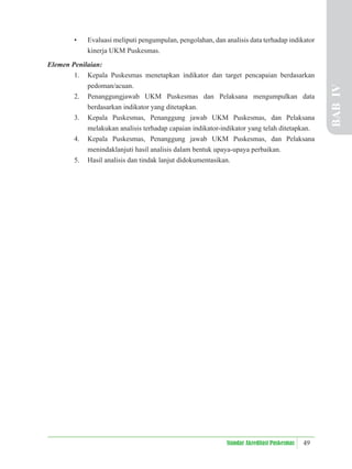 49
Standar Akreditasi Puskesmas
• Evaluasi meliputi pengumpulan, pengolahan, dan analisis data terhadap indikator
kinerja UKM Puskesmas.
Elemen Penilaian:
1. Kepala Puskesmas menetapkan indikator dan target pencapaian berdasarkan
pedoman/acuan.
2. Penanggungjawab UKM Puskesmas dan Pelaksana mengumpulkan data
berdasarkan indikator yang ditetapkan.
3. Kepala Puskesmas, Penanggung jawab UKM Puskesmas, dan Pelaksana
melakukan analisis terhadap capaian indikator-indikator yang telah ditetapkan.
4. Kepala Puskesmas, Penanggung jawab UKM Puskesmas, dan Pelaksana
menindaklanjuti hasil analisis dalam bentuk upaya-upaya perbaikan.
5. Hasil analisis dan tindak lanjut didokumentasikan.
BAB
IV
 