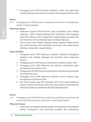 54 Standar Akreditasi Puskesmas
7. Penanggung jawab UKM Puskesmas melakukan evaluasi dan tindak lanjut
terhadap pelaksanaan komunikasi dan koordinasi lintas program dan lintas sektor.
Kriteria
5.1.5. Penanggung jawab UKM Puskesmas mengupayakan minimalisasi risiko pelaksanaan
kegiatan terhadap lingkungan.
Maksud dan Tujuan:
• Pelaksanaan kegiatan UKM Puskesmas dapat menimbulkan risiko terhadap
lingkungan. Risiko terhadap lingkungan perlu diidentiﬁkasi oleh Penanggung
jawab dan Pelaksana untuk mengupayakan langkah-langkah pencegahan dan/
atau minimalisasi risiko pelaksanaan kegiatan terhadap lingkungan.
• Yang termasuk risiko terhadap lingkungan adalah: gangguan terhadap kondisi
ﬁsik, seperti kebisingan, suhu, kelembaban, pencahayaan, cuaca, bahan beracun/
berbahaya, limbah medis, sampah infeksius.
Elemen Penilaian:
1. Penanggung jawab UKM Puskesmas melakukan identiﬁkasi kemungkinan
terjadinya risiko terhadap lingkungan dan masyarakat dalam pelaksanaan
kegiatan.
2. Penanggung jawab UKM Puskesmas dan pelaksana melakukan analisis risiko.
3. Penanggung jawab UKM Puskesmas dan pelaksana merencanakan upaya
pencegahan dan minimalisasi risiko.
4. PenanggungjawabUKMPuskesmasdanpelaksanamelakukanupayapencegahan
dan minimalisasi risiko.
5. Penanggung jawab UKM Puskesmas melakukan evaluasi terhadap upaya
pencegahan dan minimalisasi risiko.
6. Jika terjadi kejadian yang tidak diharapkan akibat risiko dalam pelaksanaan
kegiatan, dilakukan minimalisasi akibat risiko, dan kejadian tersebut dilaporkan
oleh Kepala Puskesmas kepada Dinas Kesehatan Kabupaten/Kota.
Kriteria
5.1.6. Penanggung jawab UKM Puskesmas memfasilitasi pemberdayaan masyarakat dan
sasaran mulai dari perencanaan, pelaksanaan, sampai dengan evaluasi
Maksud dan Tujuan:
• Dalam upaya meningkatkan derajat kesehatan di wilayah kerja, perlu dilakukan
fasilitasi pembangunan yang berwawasan kesehatan dan pemberdayaan
BAB
V
 