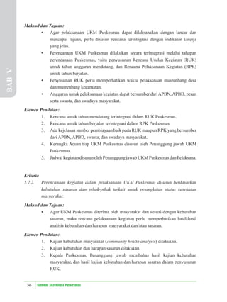 56 Standar Akreditasi Puskesmas
Maksud dan Tujuan:
• Agar pelaksanaan UKM Puskesmas dapat dilaksanakan dengan lancar dan
mencapai tujuan, perlu disusun rencana terintegrasi dengan indikator kinerja
yang jelas.
• Perencanaan UKM Puskesmas dilakukan secara terintegrasi melalui tahapan
perencanaan Puskesmas, yaitu penyusunan Rencana Usulan Kegiatan (RUK)
untuk tahun anggaran mendatang, dan Rencana Pelaksanaan Kegiatan (RPK)
untuk tahun berjalan.
• Penyusunan RUK perlu memperhatikan waktu pelaksanaan musrenbang desa
dan musrenbang kecamatan.
• Anggaran untuk pelaksanaan kegiatan dapat bersumber dariAPBN,APBD, peran
serta swasta, dan swadaya masyarakat.
Elemen Penilaian:
1. Rencana untuk tahun mendatang terintegrasi dalam RUK Puskesmas.
2. Rencana untuk tahun berjalan terintegrasi dalam RPK Puskesmas.
3. Ada kejelasan sumber pembiayaan baik pada RUK maupun RPK yang bersumber
dari APBN, APBD, swasta, dan swadaya masyarakat.
4. Kerangka Acuan tiap UKM Puskesmas disusun oleh Penanggung jawab UKM
Puskesmas.
5. Jadwal kegiatan disusun oleh Penanggung jawab UKM Puskesmas dan Pelaksana.
Kriteria
5.2.2. Perencanaan kegiatan dalam pelaksanaan UKM Puskesmas disusun berdasarkan
kebutuhan sasaran dan pihak-pihak terkait untuk peningkatan status kesehatan
masyarakat.
Maksud dan Tujuan:
• Agar UKM Puskesmas diterima oleh masyarakat dan sesuai dengan kebutuhan
sasaran, maka rencana pelaksanaan kegiatan perlu memperhatikan hasil-hasil
analisis kebutuhan dan harapan masyarakat dan/atau sasaran.
Elemen Penilaian:
1. Kajian kebutuhan masyarakat (community health analysis) dilakukan.
2. Kajian kebutuhan dan harapan sasaran dilakukan.
3. Kepala Puskesmas, Penanggung jawab membahas hasil kajian kebutuhan
masyarakat, dan hasil kajian kebutuhan dan harapan sasaran dalam penyusunan
RUK.
BAB
V
 