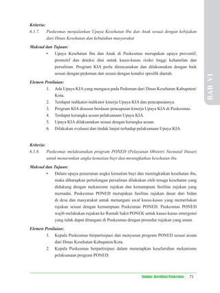 71
Standar Akreditasi Puskesmas
Kriteria:
6.1.7. Puskesmas menjalankan Upaya Kesehatan Ibu dan Anak sesuai dengan kebijakan
dari Dinas Kesehatan dan kebutuhan masyarakat
Maksud dan Tujuan:
• Upaya Kesehatan Ibu dan Anak di Puskesmas merupakan upaya preventif,
promotif dan deteksi dini untuk kasus-kasus risiko tinggi kehamilan dan
persalinan. Program KIA perlu direncanakan dan dilaksanakan dengan baik
sesuai dengan pedoman dan sesuai dengan kondisi spesiﬁk daerah.
Elemen Penilaian:
1. Ada Upaya KIA yang mengacu pada Pedoman dari Dinas Kesehatan Kabupaten/
Kota.
2. Terdapat indikator-indikator kinerja Upaya KIA dan pencapaiannya.
3. Program KIA disusun berdasar pencapaian kinerja Upaya KIA di Puskesmas.
4. Terdapat kerangka acuan pelaksanaan Upaya KIA.
5. Upaya KIA dilaksanakan sesuai dengan kerangka acuan.
6. Dilakukan evaluasi dan tindak lanjut terhadap pelaksanaan Upaya KIA.
Kriteria:
6.1.8. Puskesmas melaksanakan program PONED (Pelayanan Obstetri Neonatal Dasar)
untuk menurunkan angka kematian bayi dan meningkatkan kesehatan ibu.
Maksud dan Tujuan:
• Dalam upaya penurunan angka kematian bayi dan meningkatkan kesehatan ibu,
maka diharapkan pertolongan persalinan dilakukan oleh tenaga kesehatan yang
didukung dengan mekanisme rujukan dan kemampuan fasilitas rujukan yang
memadai. Puskesmas PONED merupakan fasilitas rujukan dasar dari bidan
di desa dan masyarakat untuk menangani awal kasus-kasus yang memerlukan
rujukan sesuai dengan kemampuan Puskesmas PONED. Puskesmas PONED
wajib melakukan rujukan ke Rumah Sakit PONEK untuk kasus-kasus emergensi
yang tidak dapat ditangani di Puskesmas dengan prosedur rujukan yang aman.
Elemen Penilaian:
1. Kepala Puskesmas berpartisipasi dan menyusun program PONED sesuai acuan
dari Dinas Kesehatan Kabupaten/Kota.
2. Kepala Puskesmas berpartisipasi dalam menetapkan keseluruhan mekanisme
pelaksanaan program PONED.
BAB
VI
 
