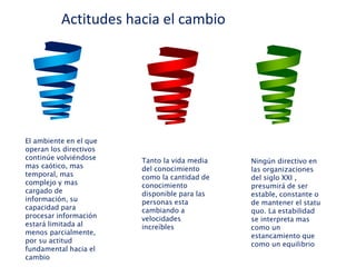 El ambiente en el que
operan los directivos
continúe volviéndose
mas caótico, mas
temporal, mas
complejo y mas
cargado de
información, su
capacidad para
procesar información
estará limitada al
menos parcialmente,
por su actitud
fundamental hacia el
cambio
Tanto la vida media
del conocimiento
como la cantidad de
conocimiento
disponible para las
personas esta
cambiando a
velocidades
increíbles
Ningún directivo en
las organizaciones
del siglo XXI ,
presumirá de ser
estable, constante o
de mantener el statu
quo. La estabilidad
se interpreta mas
como un
estancamiento que
como un equilibrio
Actitudes hacia el cambio
 