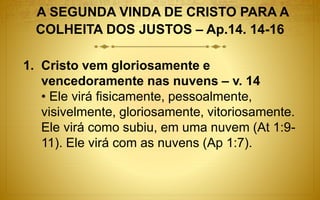 A SEGUNDA VINDA DE CRISTO PARA A
COLHEITA DOS JUSTOS – Ap.14. 14-16
1. Cristo vem gloriosamente e
vencedoramente nas nuvens – v. 14
• Ele virá fisicamente, pessoalmente,
visivelmente, gloriosamente, vitoriosamente.
Ele virá como subiu, em uma nuvem (At 1:9-
11). Ele virá com as nuvens (Ap 1:7).
 