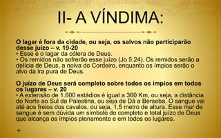 II- A VÍNDIMA:
O lagar é fora da cidade, ou seja, os salvos não participarão
desse juízo – v. 19-20
• Esse é o lagar da cólera de Deus.
• Os remidos não sofrerão esse juízo (Jo 5:24). Os remidos serão a
delícia de Deus, a noiva do Cordeiro, enquanto os ímpios serão o
alvo da ira pura de Deus.
O juízo de Deus será completo sobre todos os ímpios em todos
os lugares – v. 20
• A extensão de 1.600 estádios é igual a 360 Km, ou seja, a distância
do Norte ao Sul da Palestina, ou seja de Dã a Berseba. O sangue vai
até aos freios dos cavalos, ou seja, 1,5 metro de altura. Esse mar de
sangue é sem dúvida um símbolo do completo e total juízo de Deus
que alcança os ímpios plenamente e em todos os lugares.

 