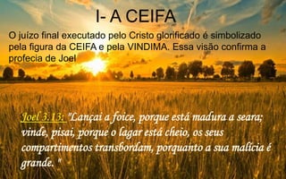 I- A CEIFA
O juízo final executado pelo Cristo glorificado é simbolizado
pela figura da CEIFA e pela VINDIMA. Essa visão confirma a
profecia de Joel
Joel 3.13: "Lançai a foice, porque está madura a seara;
vinde, pisai, porque o lagar está cheio, os seus
compartimentos transbordam, porquanto a sua malícia é
grande. "
 