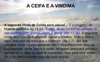 A CEIFA E A VINDIMA
A segunda vinda de Cristo será visível – O evangelho de
Marcos confirma Ap.14.14: “Então, verão o Filho do homem vir
nas nuvens, com grande poder e glória” (Mc 13.26). A segunda
vinda de Cristo será pessoal, visível e pública. Todo o olho o
verá, inclusive àqueles que o mataram (Ap 1.7).. Na sua
primeira vinda, muitas pessoas não o reconheceram. Mas na
sua segunda vinda, todos o verão. Ninguém precisará primeiro
apresentá-lo, falar ou fazê-lo conhecido. Isso será uma forma
de juízo para o mundo que não quis ouvi-lo.
 