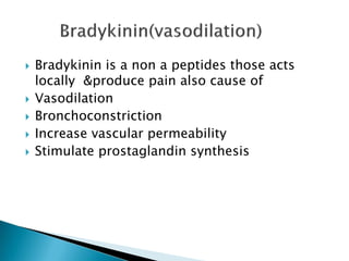  Bradykinin is a non a peptides those acts
locally &produce pain also cause of
 Vasodilation
 Bronchoconstriction
 Increase vascular permeability
 Stimulate prostaglandin synthesis
 