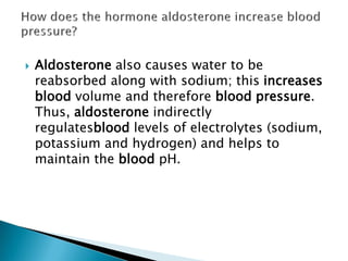  Aldosterone also causes water to be
reabsorbed along with sodium; this increases
blood volume and therefore blood pressure.
Thus, aldosterone indirectly
regulatesblood levels of electrolytes (sodium,
potassium and hydrogen) and helps to
maintain the blood pH.
 