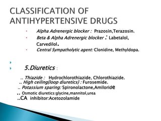  Alpha Adrenergic blocker : Prazosin,Terazosin.
 Beta & Alpha Adrenergic blocker : Labetalol,
Carvedilol.
 Central Sympatholytic agent: Clonidine, Methyldopa.

 5.Diuretics :
.. Thiazide : Hydrochlorothiazide, Chlorothiazide.
.. High ceiling{loop diuretics} : Furosemide.
.. Potassium sparing: Spironolactone,Amiloride
.. Osmotic diuretics:glycine,mannitol,urea
..CA inhibitor:Acetozolamide
 