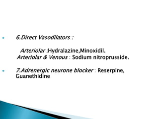  6.Direct Vasodilators :
Arteriolar :Hydralazine,Minoxidil.
Arteriolar & Venous : Sodium nitroprusside.
 7.Adrenergic neurone blocker : Reserpine,
Guanethidine
 