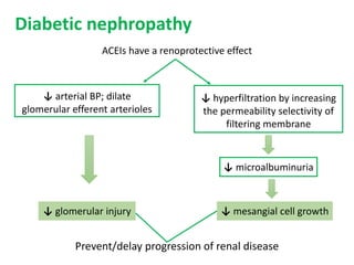 Diabetic nephropathy
ACEIs have a renoprotective effect
Prevent/delay progression of renal disease
↓ arterial BP; dilate
glomerular efferent arterioles
↓ hyperfiltration by increasing
the permeability selectivity of
filtering membrane
↓ glomerular injury ↓ mesangial cell growth
↓ microalbuminuria
 