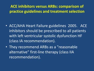ACE inhibitors versus ARBs: comparison of
practice guidelines and treatment selection
• ACC/AHA Heart Failure guidelines 2005. ACE
inhibitors should be prescribed to all patients
with left ventricular systolic dysfunction HF
(class IA recommendation).
• They recommend ARBs as a "reasonable
alternative" first-line therapy (class IIA
recommendation).
 