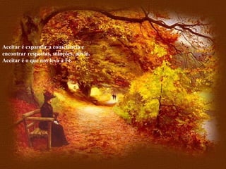 Aceitar é expandir a consciência e encontrar respostas, soluções, alívio. Aceitar é o que nos leva à Fé.  
