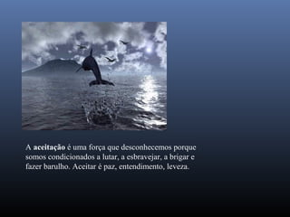 A aceitação é uma força que desconhecemos porque
somos condicionados a lutar, a esbravejar, a brigar e
fazer barulho. Aceitar é paz, entendimento, leveza.
 