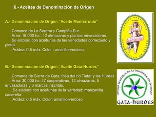 6.- Aceites de Denominación de Origen


A.- Denominación de Origen “Aceite Monterrubio”

   . Comarca de La Serena y Campiña Sur.
   . Área: 16.000 ha., 12 almazaras y plantas envasadoras.
   . Se elabora con aceitunas de las variedades cornezuelo y
picual.
    . Acidez: 0,5 máx. Color : amarillo-verdoso



B.- Denominación de Origen “Aceite Gata-Hurdes”

  . Comarca de Sierra de Gata, fosa del río Tiétar y las Hurdes
  . Área: 30.000 ha. 47 cooperativas, 12 almazaras, 5
envasadoras y 6 marcas inscritas.
   . Se elabora con aceitunas de la variedad: manzanilla
cacereña.
   . Acidez: 0,5 máx. Color: amarillo-verdoso
 