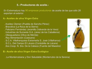 5.- Productores de aceite.-

En Extremadura hay 90 empresas productoras de aceite de las que sólo 28
exportan al exterior.

A.- Aceites de oliva Virgen Extra

 . Aceites Clemen (Puebla de Sancho Pérez)
 . Bravoliva (La Roca de la Sierra)
 . Feliciano Fernández Jaramillo (Valverde de la Vera)
 . Industrias de Suroeste S.A. (Jerez de los Caballeros)
 . Oleoguadiana (Oliva de Mérida)
 . Rey Alimentación (Castuera)
 . S.C.A. Villafranquesa Extremeña S. José (Villafranca)
 . S.C.L. Del Campo El Lácara (Cordobilla de Lácara)
  .Soc.Coop. N. Sra. De la Cabeza (Fuente del Maestre)

B.- Aceite de oliva Virgen Extra Ecológico

 . La Monterrubiana y Don Saludable (Monterrubio de la Serena)
 