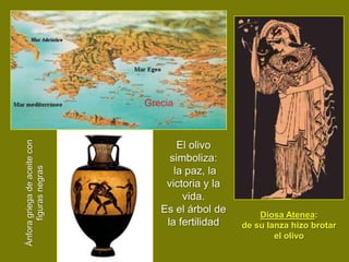 Ánfora griega de aceite con




                                  El olivo
                                simboliza:
      figuras negras




                                 la paz, la
                               victoria y la
                                   vida.
                              Es el árbol de       Diosa Atenea:
                               la fertilidad   de su lanza hizo brotar
                                                       el olivo
 