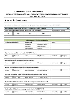 17
3.4 ENCUESTA ACEITE FINO GIRASOL
CANAL DE COMUNICACIÓN MAS INFLUYENTE PARA CONOCER EL PRODUCTO ACEITE
FINO GIRASOL 100%
Nombre del Encuestador:
Buenos días (tardes), sería tan amabley me contesta unas preguntas sobre el consumo, publicidad y preferencias deACEITEDECOCINA
CONSUMENACEITE VEGETAL DE GIRASOL (LIGHT) EN SU CASA U HOGAR SI: NO:
¿Conoce la marca Aceite FINO GIRASOL? ¿A consumido Aceite FINO GIRASOL? ¿Qué otras marcas consume?
SI: NO: SI: NO:
INFORMACION SOCIODEMOGRAFICA
ESTRATO DE SU BARRIO OCUPACION EDAD
Estudiante Estudioy Trabajo
Empleado Desempleado
Independiente Ninguna
¿Consideraque la calidad del Aceite FINO GIRASOL es?
Mala Regular Buena Muy buena Excelente Ninguna
¿Con que frecuenciacompra Aceite FINOGIRASOL?
Diario Semanal Quincenal Mensual seismeses Ninguna
¿En qué lugaressuele comprar Aceite de concina GIRASOL?
Tiendas Graneros Supermercados Almacéncadena
¿A la hora de comprar Aceite FINOGIRASOL, tuvo en cuenta otras marcas?
Muchas Una o Dos La que recordó SOLO ACEITEFINO
¿Qué mediopublicitariole llama más la atención para recibir información?
Revistas Vallas Redessociales Impulsadoras Televisión Radio
¿Qué mediopublicitarioconoce del producto Aceite FINO GIRASOL?
Revistas Vallas Redessociales Impulsadoras Televisión Radio
 