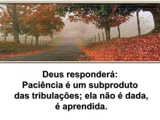 Deus responderá:Deus responderá:
Paciência é um subprodutoPaciência é um subproduto
das tribulações; ela não é dada,das tribulações; ela não é dada,
é aprendida.é aprendida.
 