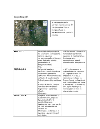 Segunda opción

                                    Se transportara por la
                                    carretera federal numero 80
                                    y es de clasificación A el
                                    tiempo del viaje es
                                    aproximadamente 5 horas 21
                                    minutos.




ARTICULO 7       La Secretaría en caso de que        Si se encuentran carreteras en
                 las condiciones técnicas de los     mal estado la SCT tiene la
                 caminos y puentes                   capacidad de modificar el uso
                 no sean adecuados, o bien por       de otras carretas
                 grave daño a los mismos,            temporalmente para el
                 podrá modificar                     beneficio de los transportistas.
                 temporalmente su
                 Uso.
ARTICULO 8       La Secretaría vigilará,             La SCT revisara que no se
                 verificará e inspeccionará que      exceda el peso del transporte
                 la capacidad, peso bruto            y la carga de acuerdo a lo
                 vehicular y dimensiones de los      establecido en la ley , la
                 vehículos de autotransporte         inspección se realizara en
                 federal, sus servicios auxiliares   Centros fijos de verificación de
                 y                                   peso y dimensiones que opere
                 transporte privado, cumplan         la Secretaría y a lo establecido
                 con lo establecido en este          en la ley de metrología y
                 Reglamento y las normas             normalización es decir en
                 oficiales                           kilogramos y metros.
                 Mexicanas.
ARTICULO 9       Los pesos de los vehículos y
                 sus dimensiones, según su
                 tipo, se sujetarán a lo
                 establecido en este
                 Reglamento, para cada uno de
                 los tipos de carreteras de
                 acuerdo a la
                 Clasificación contenida en el
                 Apéndice a que se refiere el
                 artículo 6o.
 