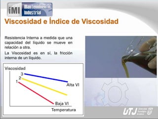 Viscosidad e Índice de Viscosidad
Resistencia Interna a medida que una
capacidad del líquido se mueve en
relación a otra.
La Viscosidad es en sí, la fricción
interna de un líquido.
 