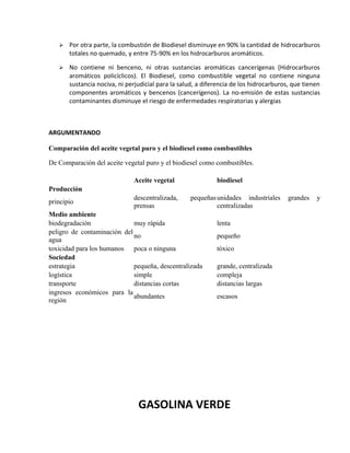  Por otra parte, la combustión de Biodiesel disminuye en 90% la cantidad de hidrocarburos
totales no quemado, y entre 75-90% en los hidrocarburos aromáticos.
 No contiene ni benceno, ni otras sustancias aromáticas cancerígenas (Hidrocarburos
aromáticos policíclicos). El Biodiesel, como combustible vegetal no contiene ninguna
sustancia nociva, ni perjudicial para la salud, a diferencia de los hidrocarburos, que tienen
componentes aromáticos y bencenos (cancerígenos). La no-emisión de estas sustancias
contaminantes disminuye el riesgo de enfermedades respiratorias y alergias
ARGUMENTANDO
Comparación del aceite vegetal puro y el biodiesel como combustibles
De Comparación del aceite vegetal puro y el biodiesel como combustibles.
Aceite vegetal biodiesel
Producción
principio
descentralizada, pequeñas
prensas
unidades industriales grandes y
centralizadas
Medio ambiente
biodegradación muy rápida lenta
peligro de contaminación del
agua
no pequeño
toxicidad para los humanos poca o ninguna tóxico
Sociedad
estrategia pequeña, descentralizada grande, centralizada
logística simple compleja
transporte distancias cortas distancias largas
ingresos económicos para la
región
abundantes escasos
GASOLINA VERDE
 