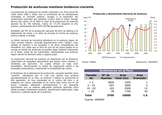Producción de aceitunas mantiene tendencia creciente
La producción de aceitunas ha venido creciendo a un ritmo anual de
3,8% entre 1990 y 2003, tras el incremento de las plantaciones
orientadas al mercado externo, aunado a la expansión del
rendimiento promedio por hectárea (1,6%) ante el mejor manejo
técnico del cultivo. En el 2003 el valor de la producción de aceituna
alcanzó los S/. 89 millones, mayor en 17,1% respecto al año
anterior, participando del 0,56% del PBI agropecuario.
Alrededor del 5% de la producción peruana de olivo se destina a la
elaboración de aceite y el resto se procesa en forma de aceituna
entera (negras y verdes).
La oferta nacional se concentra sobretodo en la aceituna negra, de
color morado intenso, conocida popularmente como “botija”, cuya
calidad es superior a las europeas y de otros competidores del
hemisferio sur, dado que el Perú es uno de los pocos países en el
mundo en donde las aceitunas se pueden dejar madurar totalmente
en el árbol, antes de ser cosechadas, obteniéndose una aceituna
negra natural de delicioso sabor y jugosa pulpa.
La producción nacional de aceituna se caracteriza por la presencia
mayoritaria de pequeños agricultores que tienen como máximo 3
hectáreas por agricultor, los cuales utilizan un bajo nivel
tecnológico, disminuyendo su poder de negociación frente a las
empresas compradoras y reduciendo la rentabilidad del cultivo.
El fenómeno de la alternancia de producción, conocido también como
"vecería", (tendencia por la cual una planta que produce
abundantemente en un año, no produce o reduce su producción al
año siguiente), es muy acentuado en el cultivo del olivo y se
presenta con mayor intensidad en el cultivo bajo lluvia que en las
zonas irrigadas, afectando principalmente a los pequeños
agricultores que no realizan adecuadas prácticas agrícolas como
podas anuales, tratamiento sanitario, abonamiento balanceado, riego
oportuno y cosecha rápida de la aceituna.
Fuente: MINAG Elaboración: MAXIMIXE
Producción y Rendimiento Nacional de Aceituna
5
28
6
16
21
27
31
11
30
32 32
38
1
29
0
5
10
15
20
25
30
35
40
1990 1992 1994 1996 1998 2000 2002
1.0
1.5
2.0
2.5
3.0
3.5
4.0
4.5
5.0
5.5
6.0
Producción Rendimiento
miles TM TM/ha
Fenómeno de
El Niño
Tamaño Nº de Area Area
Ha Huertos Total (ha) Promedio
< 3 2800 3300 1
3 - 10 697 3000 4
10 - 20 165 2000 12
> 20 38 1700 44
Total 3700 10000 1.6
Fuente: ANPEAP
Aceituneros en el Perú
 