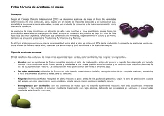 Ficha técnica de aceituna de mesa
Concepto
Según el Consejo Oleícola Internacional (COI) se denomina aceituna de mesa al fruto de variedades
determinadas de olivo cultivado, sano, cogido en el estado de madurez adecuado y de calidad tal que,
sometido a las preparaciones adecuadas, provea un producto de consumo y de buena conservación como
mercancía comercial.
La aceituna de mesa constituye un alimento de alto valor nutritivo y muy equilibrado, posee todos los
aminoácidos esenciales en una proporción ideal, aunque su contenido en proteína es bajo, su nivel de fibra
hace que sea muy digestiva. Destacan sus contenidos en minerales, especialmente el Calcio y el Hierro,
también se encuentra presente la Provitamina A, Vitamina C y Tiamina.
En el Perú el olivo presenta una marca estacionalidad: entre abril a julio se obtiene el 97% de la producción. La cosecha de aceitunas verdes se
inicia a fines de febrero hasta abril; mientras que entre mayo y julio se obtiene la de aceitunas negras.
Tipos de aceitunas de mesa
El COI clasifica a las aceitunas de mesa en los siguientes tipos: verdes, color cambiante, tipo negras y ennegrecidas.
• Verdes: son las aceitunas de frutos recogidos durante el ciclo de maduración, antes del envero y cuando han alcanzado un tamaño
normal. Estas aceitunas serán firmes, sanas y resistentes a una suave presión entre los dedos y no tendrán otras manchas distintas de
las de su pigmentación natural. La coloración del fruto podrá variar del verde al amarillo paja.
• De color cambiante: obtenidas de frutos con color rosado, rosa vinoso o castaño, recogidos antes de su completa madurez, sometidos
o no a tratamientos alcalinos y listas para su consumo.
• Negras: obtenidas de frutos recogidos en plena madurez o poco antes de ella, pudiendo presentar, según la zona de producción y época
del acopio, un color negro rojizo, negro violáceo, violeta oscuro, negro verdoso o castaño oscuro.
• Ennegrecidas por oxidación: son las obtenidas de frutos que no estando totalmente maduros han sido oscurecidos mediante
oxidación y han perdido el amargor mediante tratamiento con lejía alcalina, debiendo ser envasadas en salmuera y preservadas
mediante esterilización con calor.
 