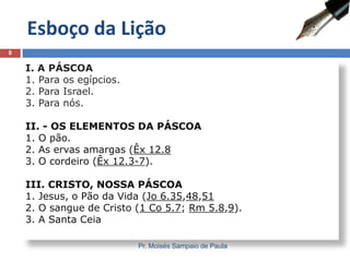 Esboço da Lição
8

I. A PÁSCOA
1. Para os egípcios.
2. Para Israel.
3. Para nós.
II. - OS ELEMENTOS DA PÁSCOA
1. O pão.
2. As ervas amargas (Êx 12.8
3. O cordeiro (Êx 12.3-7).
III. CRISTO, NOSSA PÁSCOA
1. Jesus, o Pão da Vida (Jo 6.35,48,51
2. O sangue de Cristo (1 Co 5.7; Rm 5.8,9).
3. A Santa Ceia
Pr. Moisés Sampaio de Paula

 