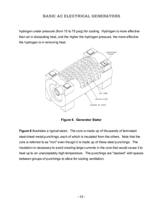 BASIC AC ELECTRICAL GENERATORS


hydrogen under pressure (from 15 to 75 psig) for cooling. Hydrogen is more effective
than air in dissipating heat, and the higher the hydrogen pressure, the more effective
the hydrogen is in removing heat.




                              Figure 6. Generator Stator


Figure 6 illustrates a typical stator. The core is made up of thousands of laminated
steel sheet metal punchings, each of which is insulated from the others. Note that the
core is referred to as "iron" even though it is made up of these steel punchings. The
insulation is necessary to avoid creating large currents in the core that would cause it to
heat up to an unacceptably high temperature. The punchings are "stacked" with spaces
between groups of punchings to allow for cooling ventilation.




                                           - 12 -
 