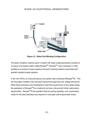 BASIC AC ELECTRICAL GENERATORS




                     Figure 12. Stator End Winding Configuration


The stator insulation material used in modern GE water-cooled generators consists of
an epoxy mica based system called Micapal TM. MicapalTM I was introduced in 1954,
partially as a solution to tape migration and girth cracking problems associated with
asphalt insulation based systems.


In the mid 1970's, an improved epoxy mica system was introduced (Micapal TMII). This
all mica paper insulation has improved mechanical toughness and voltage endurance.
While these properties were developed to meet the requirements of very large ratings,
the application of MicapalTMII on small and mid size units permits further optimization
opportunities. Micapal TMII has exce llent thermal cycling capability, and is particularly
suited for the daily start/stop duty required of many gas turbine generators today.




                                            - 18 -
 