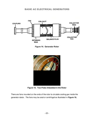 BASIC AC ELECTRICAL GENERATORS




                              Figure 14. Generator Rotor




                    Figure 15. Two Poles Imbedded in the Rotor


There are fans mounted on the ends of the rotor to circulate cooling gas inside the
generator stator. The fans may be axial or centrifugal as illustrated in Figure 16.




                                          - 22 -
 