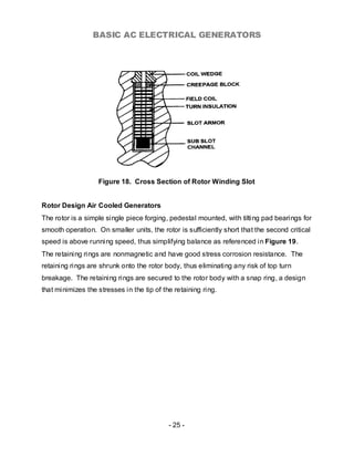BASIC AC ELECTRICAL GENERATORS




                   Figure 18. Cross Section of Rotor Winding Slot


Rotor Design Air Cooled Generators
The rotor is a simple single piece forging, pedestal mounted, with tilting pad bearings for
smooth operation. On smaller units, the rotor is sufficiently short that the second critical
speed is above running speed, thus simplifying balance as referenced in Figure 19.
The retaining rings are nonmagnetic and have good stress corrosion resistance. The
retaining rings are shrunk onto the rotor body, thus eliminating any risk of top turn
breakage. The retaining rings are secured to the rotor body with a snap ring, a design
that minimizes the stresses in the tip of the retaining ring.




                                            - 25 -
 