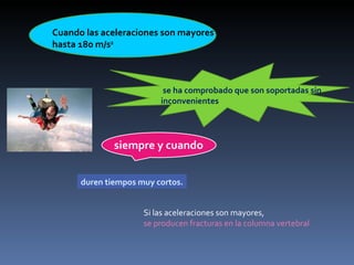 Cuando las aceleraciones son mayores hasta 180 m/s 2 se ha comprobado que son soportadas sin inconvenientes siempre y cuando duren tiempos muy cortos. Si las aceleraciones son mayores, se producen fracturas en la columna vertebral 