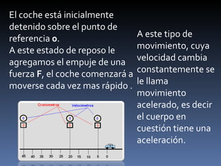 El coche está inicialmente detenido sobre el punto de referencia  0 . A este estado de reposo le agregamos el empuje de una fuerza  F , el coche comenzará a moverse cada vez mas rápido . A este tipo de movimiento, cuya velocidad cambia constantemente se le llama movimiento acelerado, es decir el cuerpo en cuestión tiene una aceleración. 
