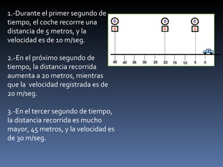 1.-Durante el primer segundo de tiempo, el coche recorrre una distancia de 5 metros, y la velocidad es de 10 m/seg.  2.-En el próximo segundo de tiempo, la distancia recorrida aumenta a 20 metros, mientras que la  velocidad registrada es de 20 m/seg.  3.-En el tercer segundo de tiempo, la distancia recorrida es mucho mayor, 45 metros, y la velocidad es de 30 m/seg. 