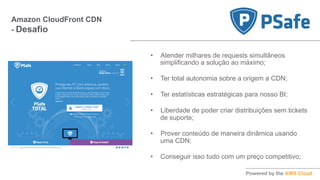 •  Atender milhares de requests simultâneos
simplificando a solução ao máximo;
•  Ter total autonomia sobre a origem a CDN;
•  Ter estatísticas estratégicas para nosso BI;
•  Liberdade de poder criar distribuições sem tickets
de suporte;
•  Prover conteúdo de maneira dinâmica usando
uma CDN;
•  Conseguir isso tudo com um preço competitivo;
Amazon CloudFront CDN
- Desafio
 