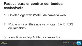 Passos para encontrar conteúdos
cacheáveis
1.  Coletar logs web (W3C) da camada web
2.  Rodar uma análise nos seus logs (EMR, RDS
ou Redshift)
3.  Identificar os top N URLs acessados
 