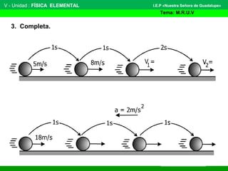 V - Unidad : FÍSICA ELEMENTAL
Tema: M.R.U.V
I.E.P «Nuestra Señora de Guadalupe»
3. Completa.
 