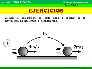 V - Unidad : FÍSICA ELEMENTAL
Tema: M.R.U.V
I.E.P «Nuestra Señora de Guadalupe»
EJERCICIOS
Calcula la aceleración en cada caso e indicar si el
movimiento es acelerado o desacelerado.
1
 
