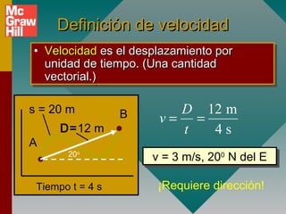 Definición de velocidad
•• Velocidad es el desplazamiento por
   Velocidad es el desplazamiento por
   unidad de tiempo. (Una cantidad
   unidad de tiempo. (Una cantidad
   vectorial.)
   vectorial.)

s = 20 m          B      D 12 m
                       v= =
      D=12 m             t  4s
A
       20o            v = 3 m/s, 2000 N del E
                      v = 3 m/s, 20 N del E

 Tiempo t = 4 s        ¡Requiere dirección!
 