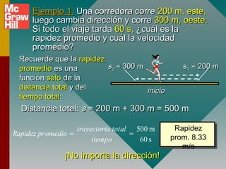 Ejemplo 1. Una corredora corre 200 m, este,
     luego cambia dirección y corre 300 m, oeste.
     Si todo el viaje tarda 60 s, ¿cuál es la
     rapidez promedio y cuál la velocidad
     promedio?
 Recuerde que la rapidez
 promedio es una         s2 = 300 m              s1 = 200 m
 función sólo de la
 distancia total y del              inicio
 tiempo total:
  Distancia total: s = 200 m + 300 m = 500 m

                    trayectoria total 500 m    Rapidez
Rapidez pr omedio =                  =
                         tiempo        60 s   prom. 8.33
                                                 m/s
               ¡No importa la dirección!
 