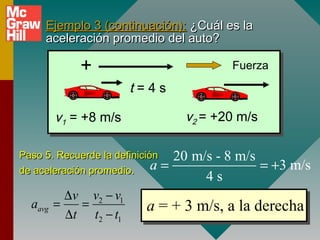 Ejemplo 3 (continuación): ¿Cuál es la
     aceleración promedio del auto?

             +                             Fuerza

                        t=4s

         v1 = +8 m/s                v2 = +20 m/s

Paso 5. Recuerde la definición    20 m/s - 8 m/s
de aceleración promedio.     a=                  = +3 m/s
                                       4s
           ∆v v2 − v1
  aavg   =   =            a = + 3 m/s, a la derecha
           ∆t t2 − t1
 
