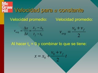Velocidad para a constante
Velocidad promedio:            Velocidad promedio:

         =
           ∆x x f − x0
              =
                                            v0 + v f
  vavg
           ∆ t t f − t0            vavg =
                                               2
Al hacer to = 0 y combinar lo que se tiene:

                            v0 + v f
                 x = x0 +              t
                               2
 