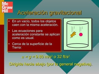 Aceleración gravitacional
•• En un vacío, todos los objetos
    En un vacío, todos los objetos
   caen con la misma aceleración.
    caen con la misma aceleración.
•• Las ecuaciones para
    Las ecuaciones para
   aceleración constante se aplican
    aceleración constante se aplican
   como es usual.
    como es usual.
•• Cerca de la superficie de la
   Cerca de la superficie de la
   Tierra:
   Tierra:

         a = g = 9.80 m/s2 o 32 ft/s2
Dirigida hacia abajo (por lo general negativa).
 